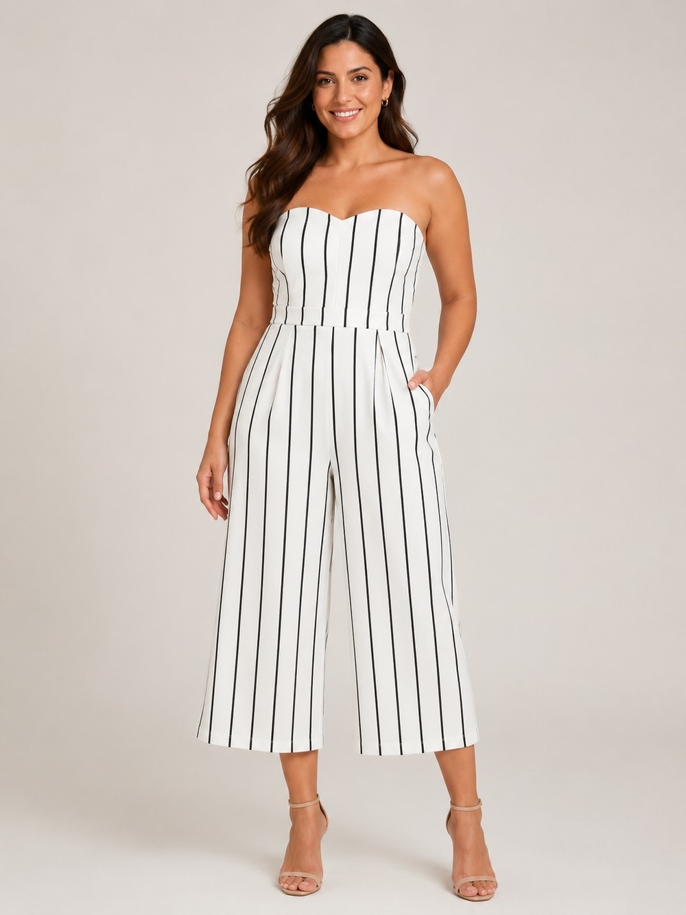 VENUS Strapless White Jumpsuit with Black Vertical Stripes